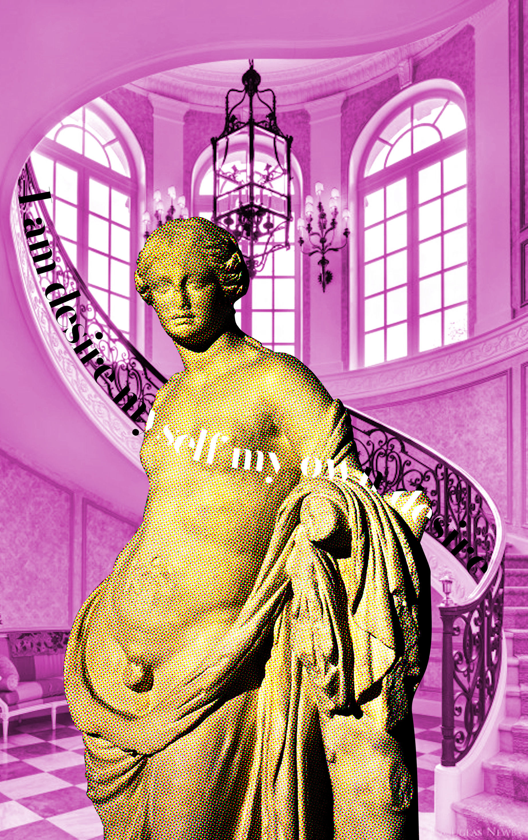 background: a spiralling stairway in a mcmansion, coloured pink. foreground: a yellow halftone statue of hermaphrodites. text in bolded didot type runs down the curve of the stair